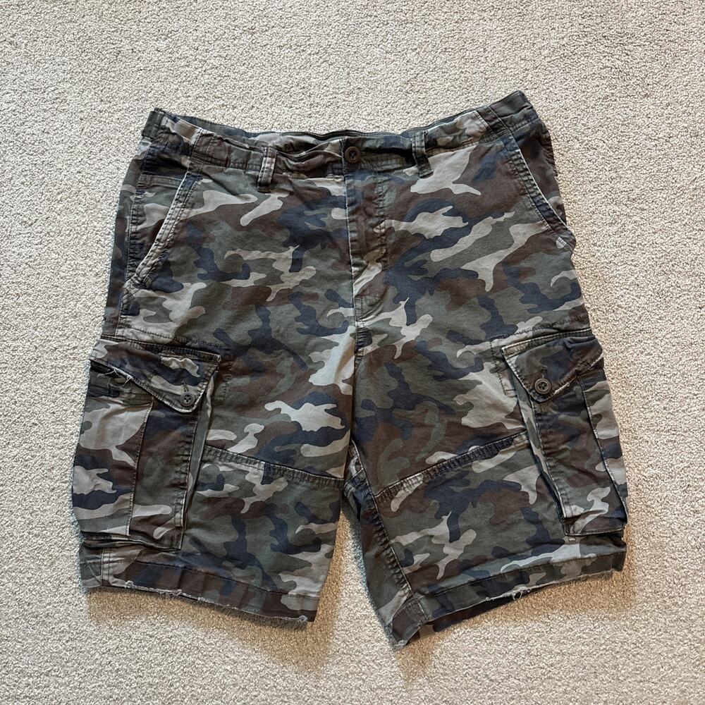 American Eagle Mens Flex Cargo Shorts 36 Camo Woodland Multi-Pocket Y2K Utility